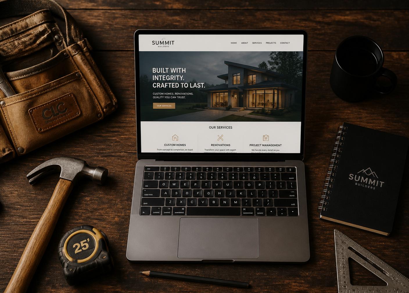 A contractor's tools next to a laptop showing a website mockup
